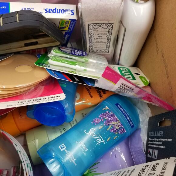 MYSTERY-ISH BOX Misc Aveeno Moroccan Oil Salonpas Secret Foot Pads Etc - Picture 2 of 6